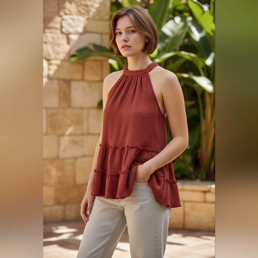 TIMING Black  Or  Rust Colored  Sleevless Ruffled Flowey  Top - Picture 5 of 7